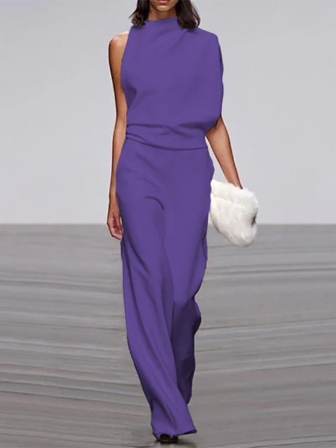 Women's round-neck, sleeveless jumpsuit with flared legs