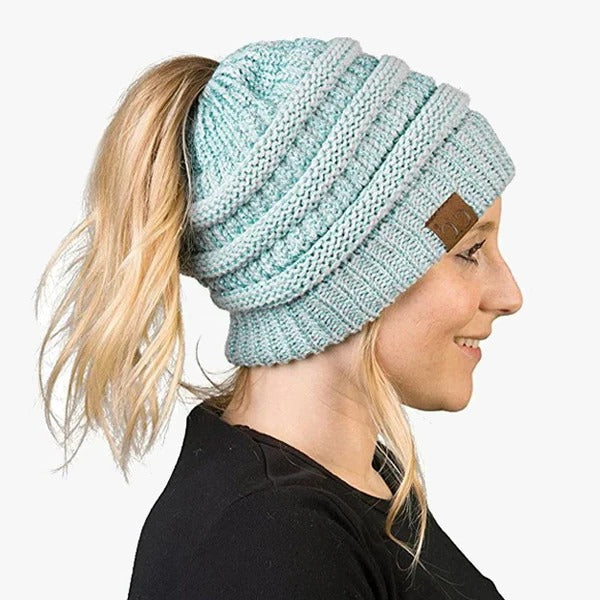 Ponytail Beanie Messy Bun Women's Beanie Solid Ribbed Hat Cap