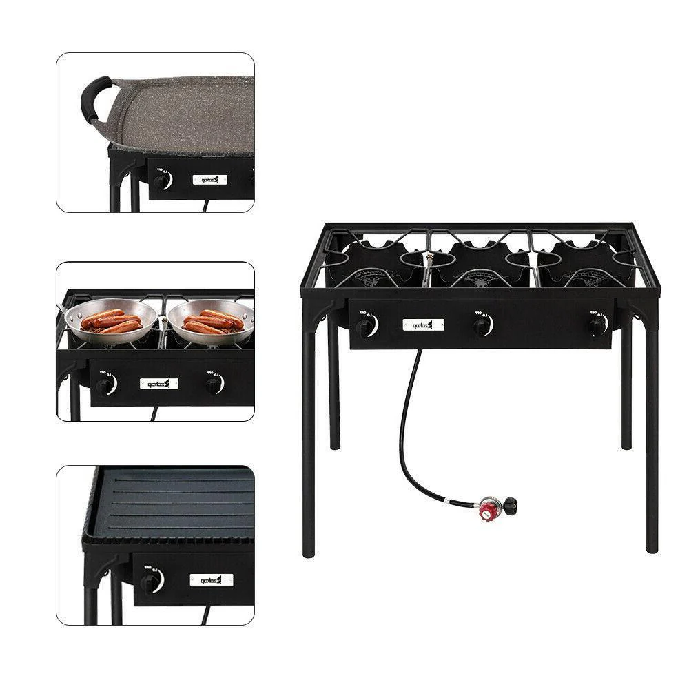 Outdoor Camping Stove Grill: Portable Propane 3-Burner Cooker (225,000 BTU)