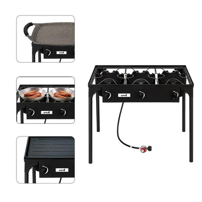 Outdoor Camping Stove Grill: Portable Propane 3-Burner Cooker (225,000 BTU)