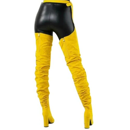 Women Faux Suede Thigh High Waist Belt Chunky High Heel Slouch Boots | Over The Knee Waist Belted Boots