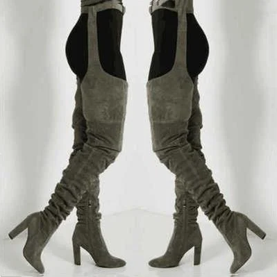 Women Faux Suede Thigh High Waist Belt Chunky High Heel Slouch Boots | Over The Knee Waist Belted Boots