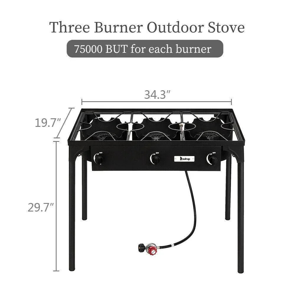 Outdoor Camping Stove Grill: Portable Propane 3-Burner Cooker (225,000 BTU)